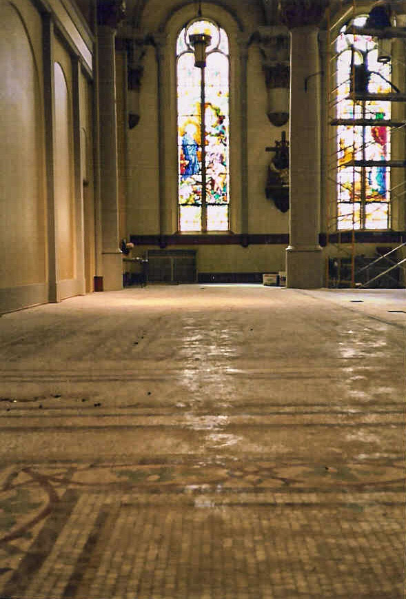 Tesserae marble mosaice church floor prior to cleaning and restoration.