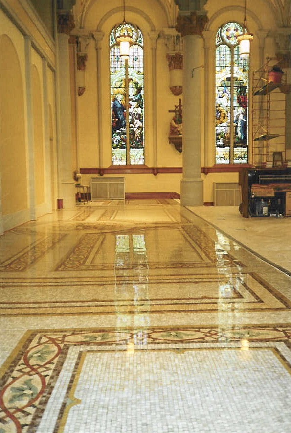 Marble mosaic church floor after restoration.